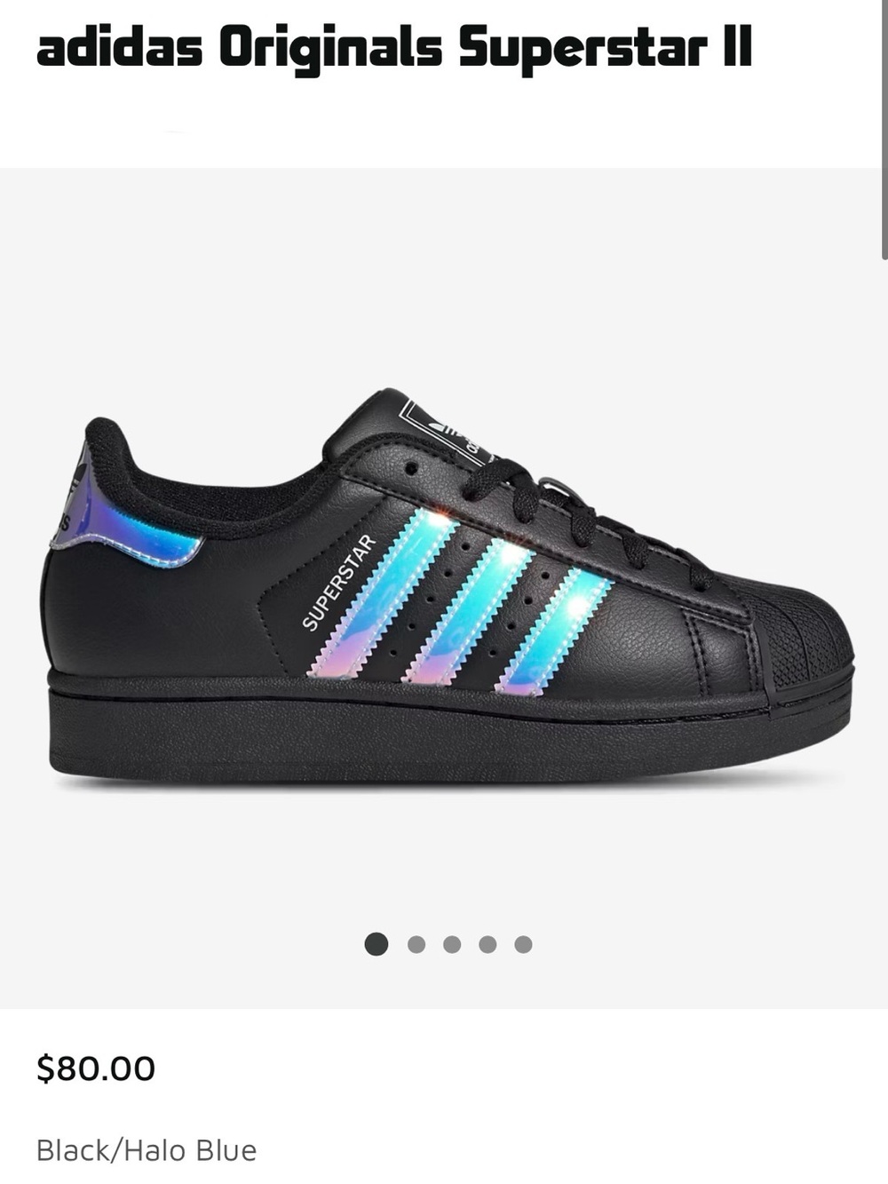 Adidas Kids Superstar II Sneakers Black with Iridescent Blue-Purple Stripes 7T
